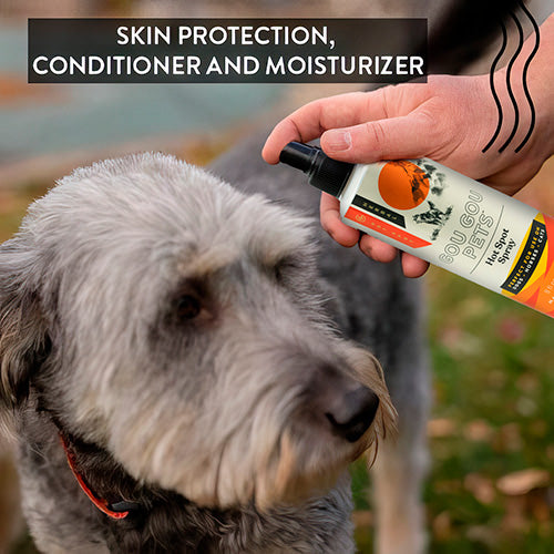 Person holding a bottle of dog spray next to a dog with text about skin protection, conditioner, and moisturizer.