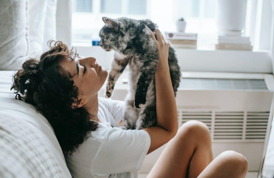 A young woman holding a cat up close